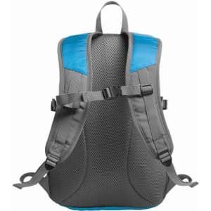 A grey backpack with a blue mesh back and adjustable straps, featuring a logo.