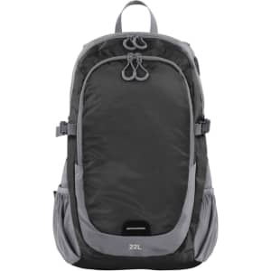 A grey backpack with mesh detailing, featuring adjustable straps and side pockets. It has a logo on the front.