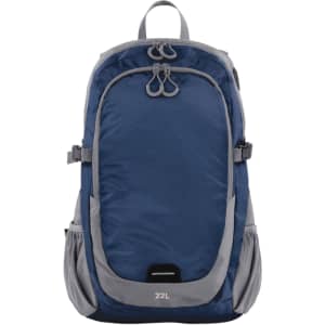 A navy blue backpack with grey accents, featuring adjustable straps and side pockets. It includes a logo on the front.