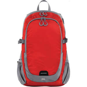 A red backpack with grey accents, featuring multiple compartments and a logo. Suitable for various carrying needs.