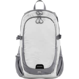 A grey and white backpack with various compartments and a logo, featuring adjustable straps and mesh side pockets.