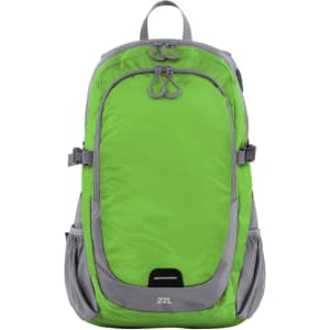 A green and grey backpack with a large main compartment and mesh side pockets, featuring a logo on the front.