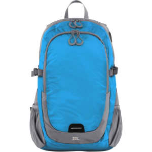 A blue and grey backpack with multiple compartments and adjustable straps, featuring a logo on the front.