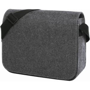 A grey shoulder bag made from felt material, featuring a long adjustable strap and a flap closure.