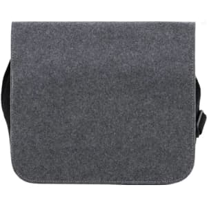 A grey shoulder bag with a flap closure and an adjustable strap. It features a logo on the side.