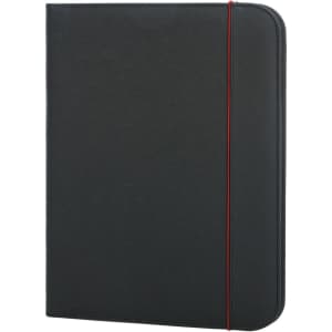 A black conference folder with a red elastic band, featuring a sleek, professional design and a logo.