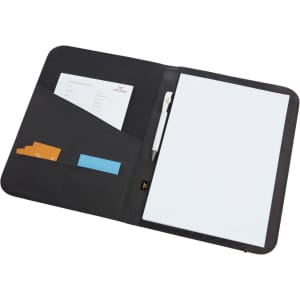A black conference folder featuring pockets for cards, sticky notes, a pen, and a pad of dotted paper.