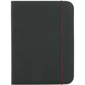 A dark grey conference folder with a red elastic band, featuring a logo on the front cover.