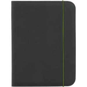 A black conference folder with a green elastic closure, featuring a smooth surface and rounded corners.