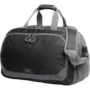 A black and grey duffle bag with dual handles, a shoulder strap, and a front pocket, featuring a logo.