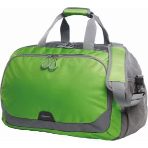 A green and grey duffle bag with a zippered main compartment and adjustable shoulder strap. Features a logo.