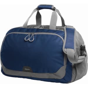 A duffle bag in navy blue and grey with dual handles and a detachable shoulder strap, featuring a logo.
