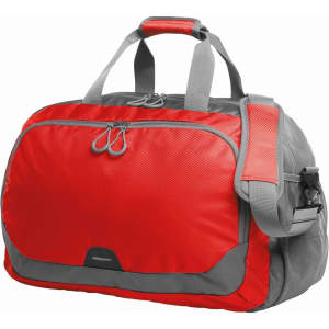 A red and grey duffle bag with dual handles, a shoulder strap, and a front zippered pocket.