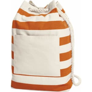 A striped beach backpack in orange and cream with a rope closure and a front pocket.