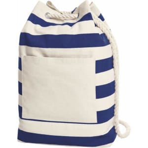 A striped beach backpack in navy blue and cream, featuring a front pocket and a drawstring closure.
