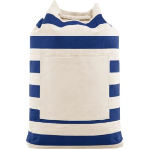 A striped backpack in navy blue and cream, featuring a front pocket and a rope handle, with a branding logo.