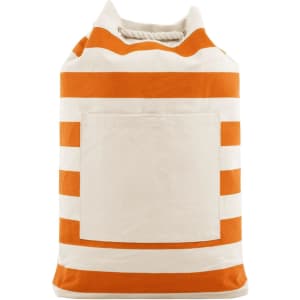 A striped backpack in orange and white with a rope handle and a front pocket. It features a logo.