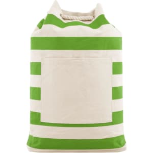 A striped green and cream beach backpack with a rope handle and a front pocket. It features a logo on the front.