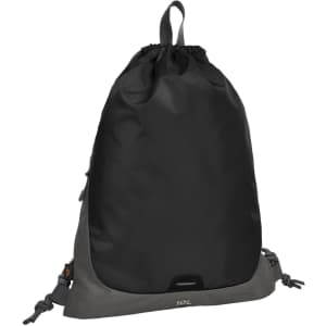 A black drawstring bag with a textured surface and a logo, featuring a cinched top and sturdy strap.