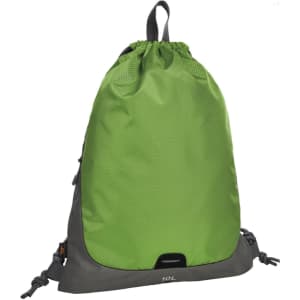 A green and grey drawstring bag with a textured surface and adjustable straps, featuring a logo on the front.