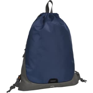 A navy blue and grey drawstring bag with a textured surface and a logo.
