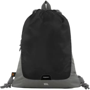 A drawstring bag in grey and black with a mesh top and a logo on the surface.