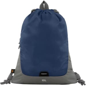 A navy and grey drawstring bag with a logo and a capacity of 10 litres.