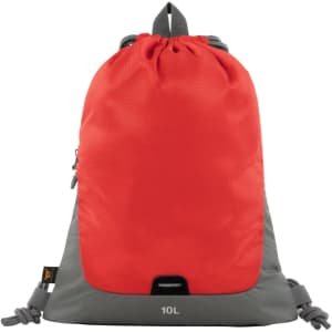 A red and grey drawstring bag with a mesh top and a branding logo, featuring a 10L capacity.