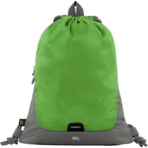 A green and grey drawstring bag with a logo, featuring a mesh texture and adjustable drawstrings.