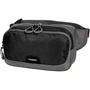 A black and grey bum bag featuring a zippered front pocket and an adjustable strap. It includes a logo.