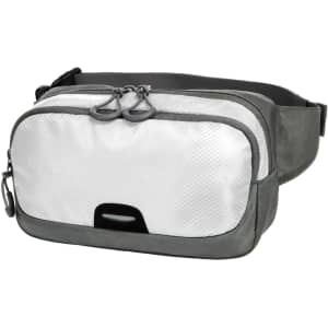A grey and white waist bag with dual zippers and an adjustable strap, featuring a branding logo.