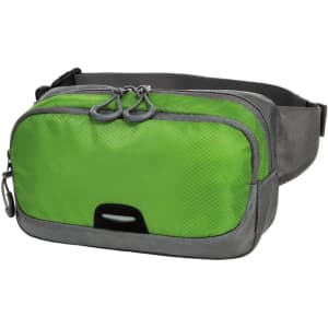 A green and grey waist bag with two zippered compartments and a logo. Suitable for carrying essentials.
