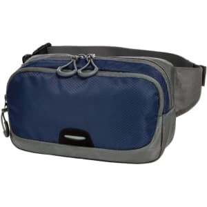 A navy and grey waist bag featuring a dual-zippered compartment and an adjustable strap. The bag has a small logo.