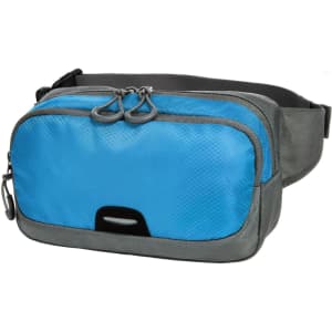 A blue and grey waist bag features a zippered compartment and an adjustable strap. It has a logo on the front.