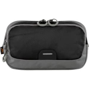 A black and grey bum bag with zipper closures and a simple logo on the side.
