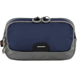 A navy and grey bum bag with a zip closure and a logo on the side. Features dual zippers on the top.