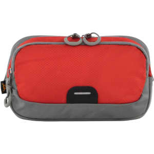 A red and grey waist bag with a logo and dual zippers, featuring a textured surface.