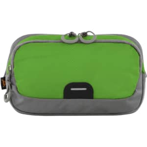 A green and grey bum bag featuring a zip closure and a logo on the front.