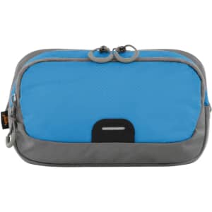 A blue and grey bum bag features a zipper closure and a logo, designed for carrying essentials.