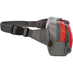 A grey and red waist bag with a zippered compartment and an adjustable strap. It features a logo on its surface.