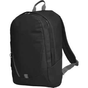 A sleek black backpack with adjustable straps and a small front pocket, featuring a logo.