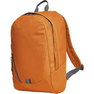 An orange backpack with grey detailing, featuring a sleek design and a logo.