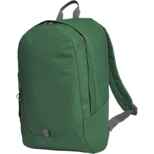 A green backpack with a sleek design, featuring adjustable straps and a small pocket on the front. It has a logo.