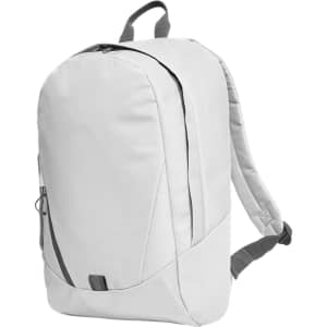 A grey backpack with a sleek design, featuring padded shoulder straps and a small pocket on the front.