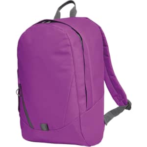 A purple backpack with grey accents and straps, featuring a main compartment and a small front zip pocket.