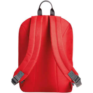 A red backpack with padded straps and a sleek design, featuring a handle on top and a logo.