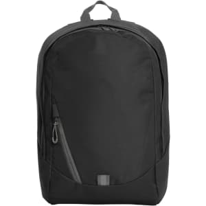 A black backpack with a sleek design, featuring a front zipper pocket and a logo. Suitable for daily use.