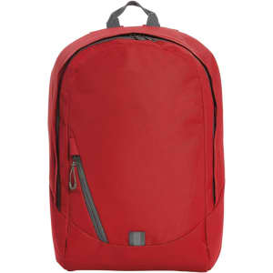 A red backpack featuring a zippered main compartment and a front zip pocket, with an additional grey zipper.