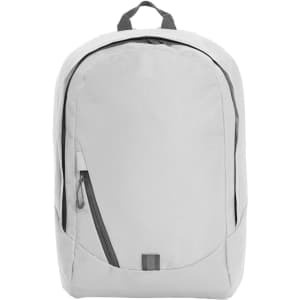 A light grey backpack featuring a main compartment, a side zip pocket, and a logo.