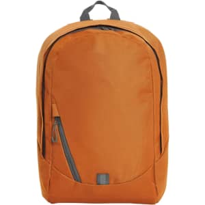 An orange backpack featuring a zippered compartment and a logo. Simple and modern design.